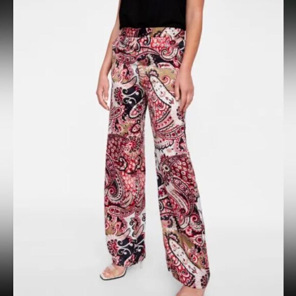 Zara Paisley Print Elasticized Waist Wide Leg Pants Trousers Size XS - Picture 1 of 11